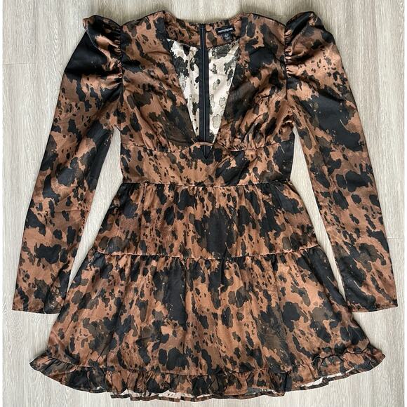 PrettyLittleThing Brown Black Print Long Sleeve Mini Dress Size US 8 - Picture 1 of 8